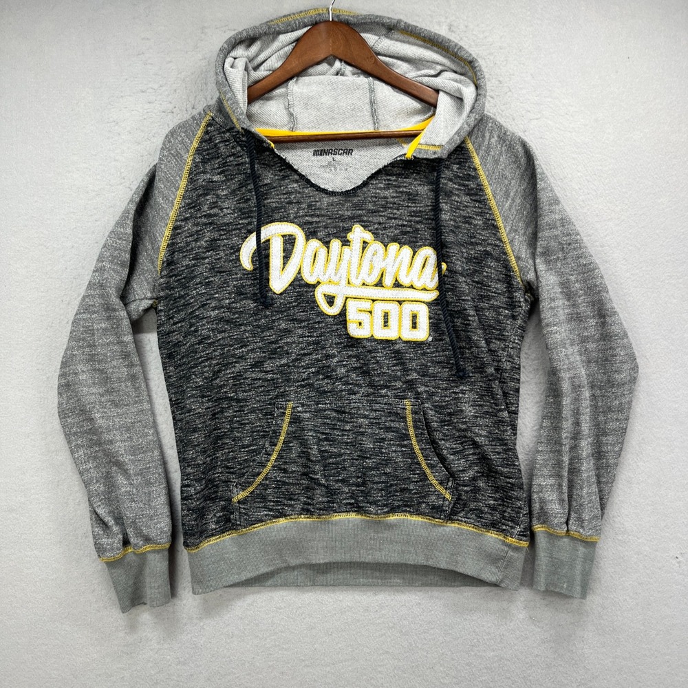 NASCAR Daytona 500 Hoodie Womens Large Gray Raglan Pullover Racing Gorpcore